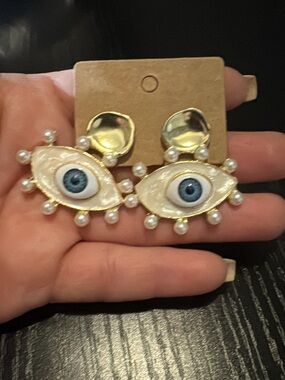 Gold & White Evil Eye Pearl Drop Earrings - Women Accessories